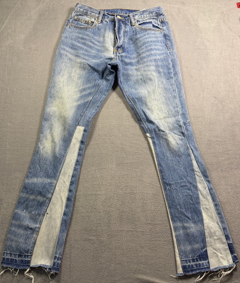 Mnml Women's 29 Flare Biker Jeans Light Wash Paneled Distressed Raw Hem Denim